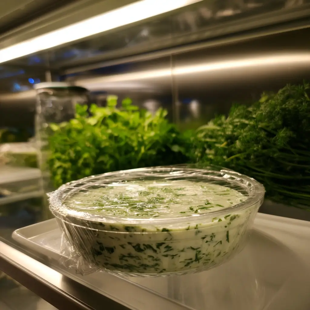Grüne Soße Rezept in Glasbehälter kühl gelagert im Kühlschrank.