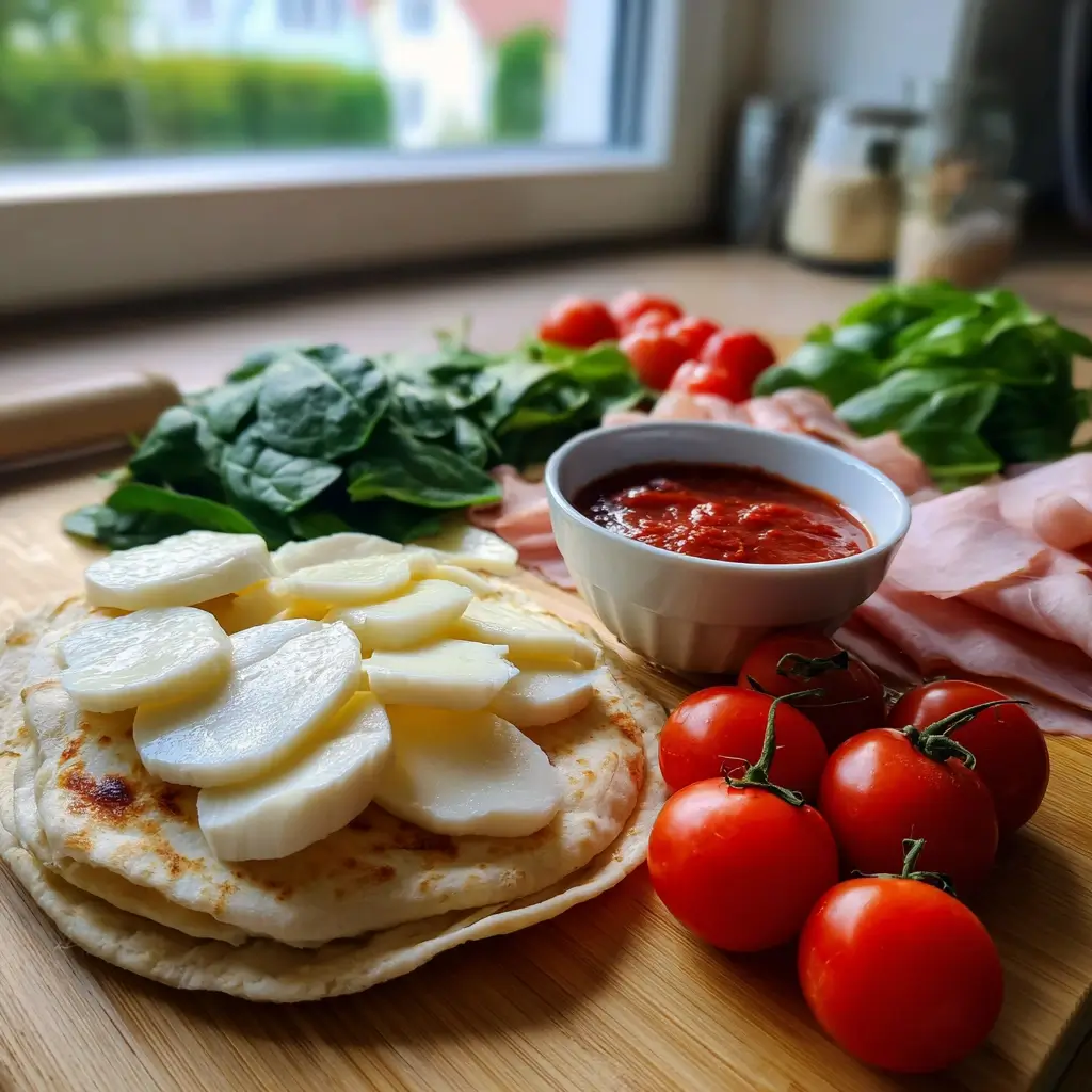 Zutaten für pizza calzone auf Küchentisch – Mozzarella, Tomaten, Basilikum, Schinken