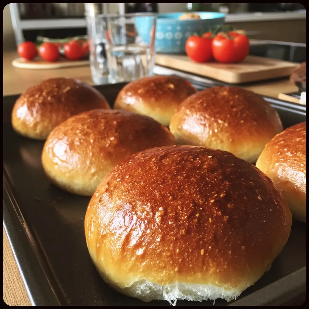 Geröstete Brioche-Brötchen für ein burger rezept, goldbraun und duftend in der Pfanne.