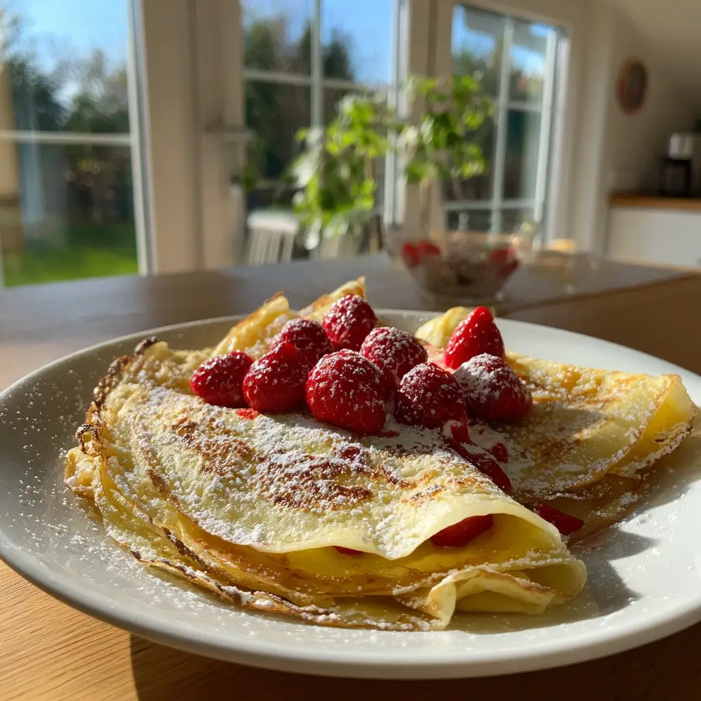 Pfannkuchen Rezept süß – gestapelte süße Pfannkuchen mit Früchten und Ahornsirup auf weißem Teller
