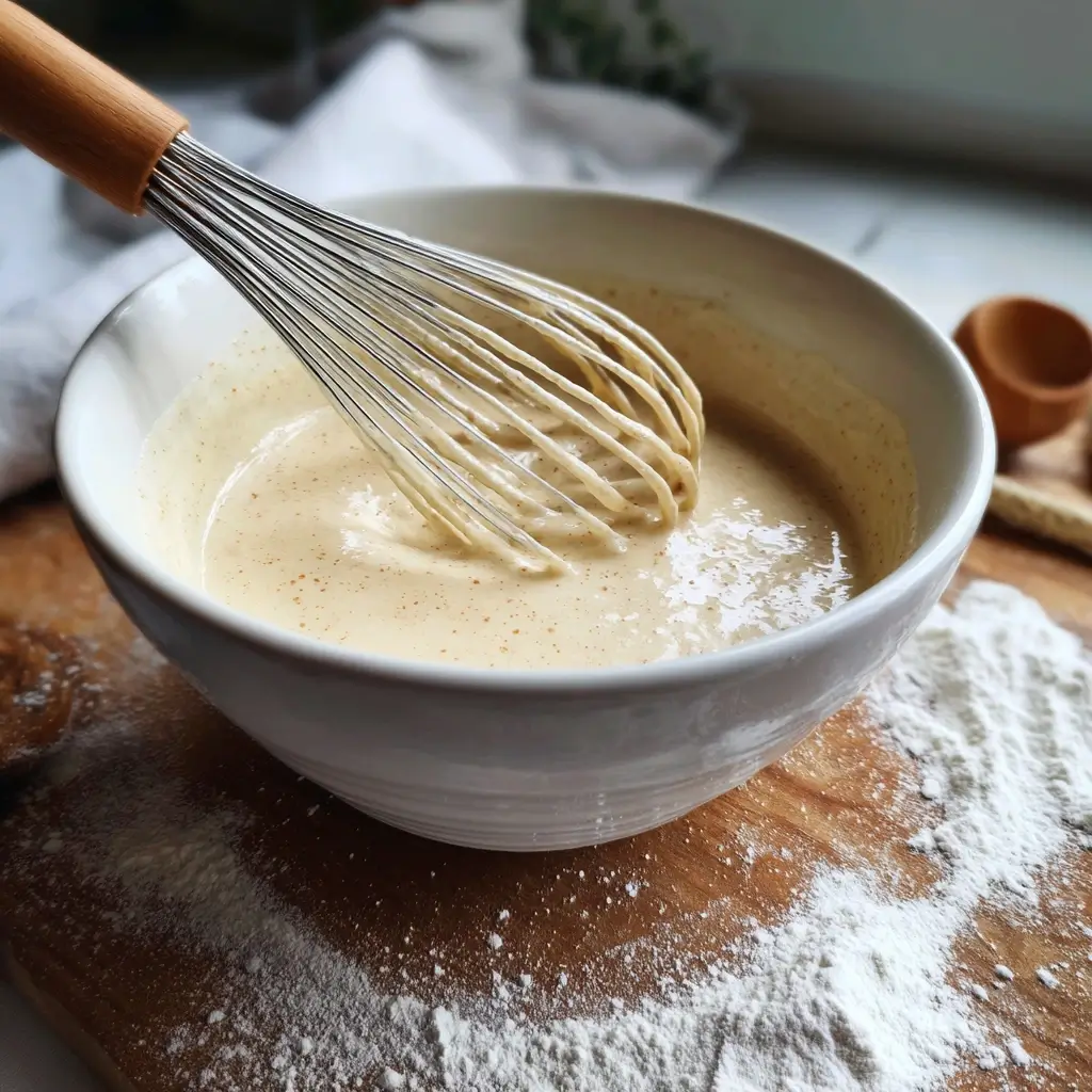 Pfannkuchen Rezept Oma Teig – Eine Hand rührt goldenen Pfannkuchenteig in einer Schüssel an.