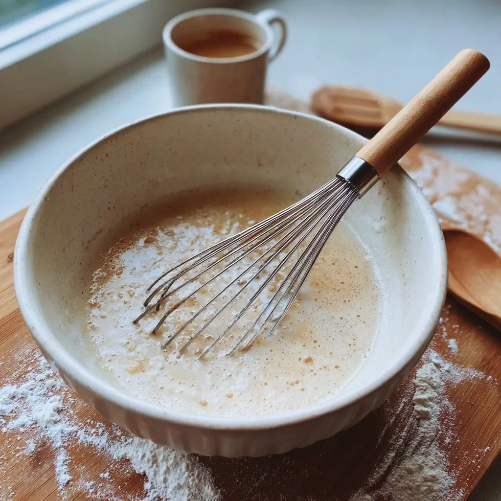 Pfannkuchen Rezept Einfach Teig wird in einer Schüssel von Hand gemischt