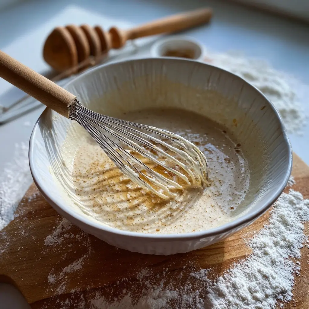 Pfannkuchen Rezept vegan Teig wird in einer weißen Schüssel mit einem Schneebesen cremig angerührt.