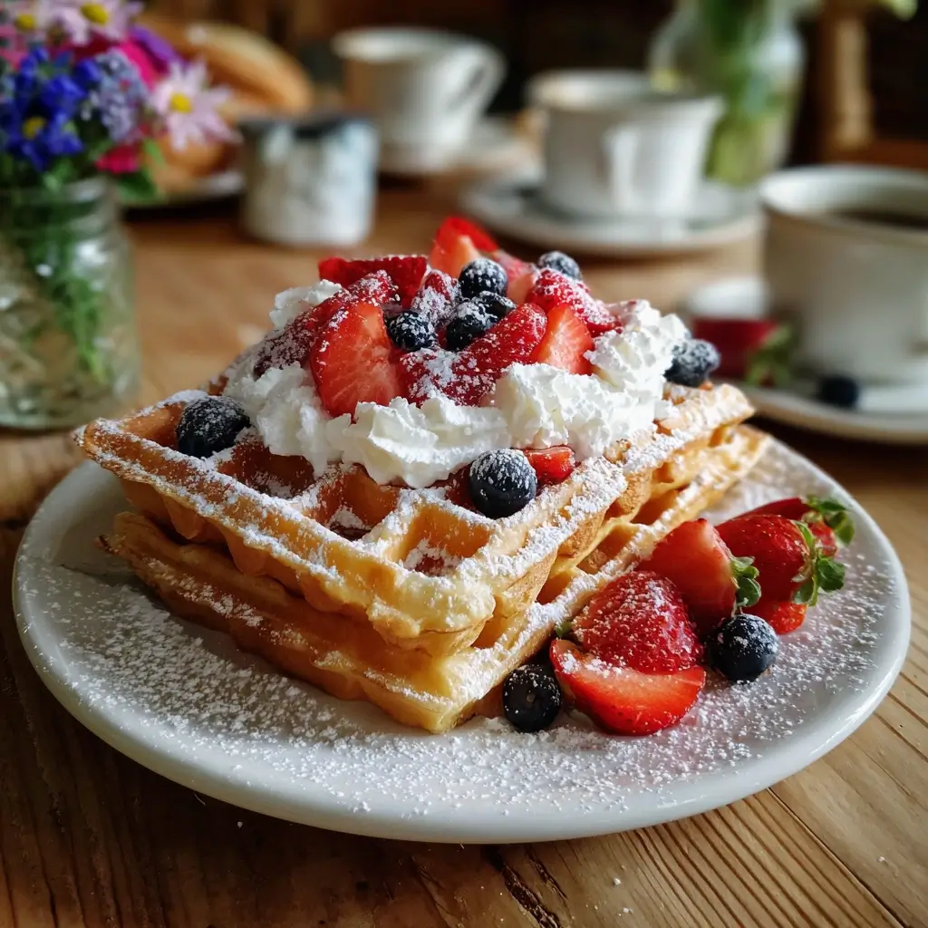 Frische Waffeln mit Puderzucker, Erdbeeren und Sahne serviert – klassisches Waffeln Rezept.