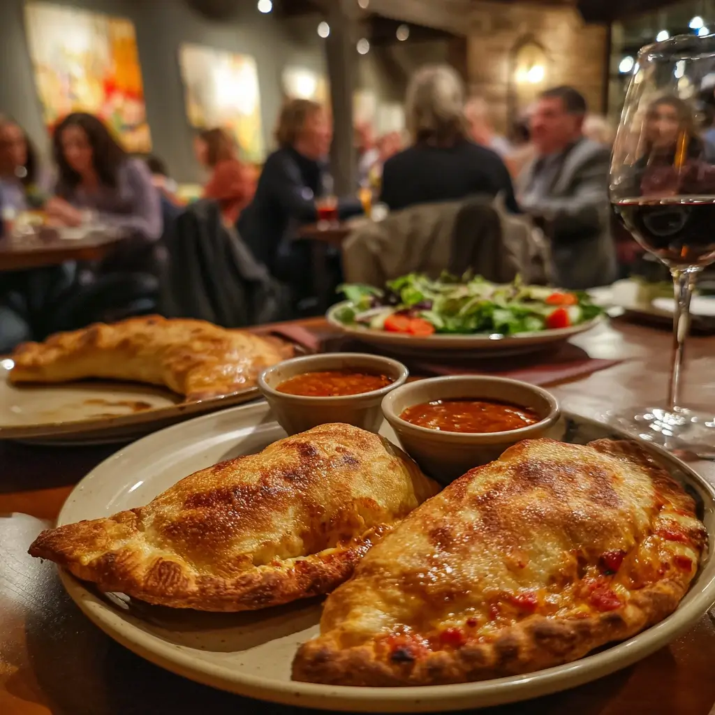 Pizza calzone auf einem Tisch serviert, Freunde lachen im Hintergrund.