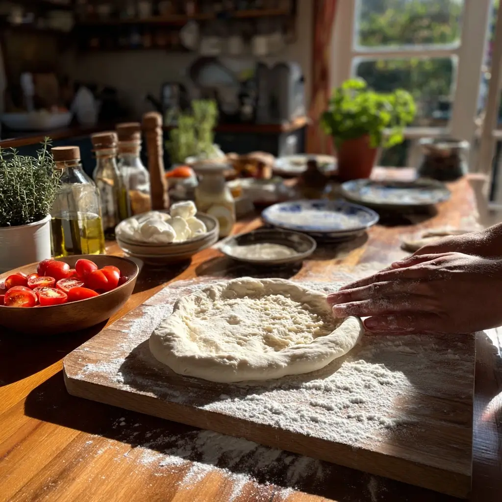 Pizzateig für Pizza Caprese wird ausgerollt und mit Olivenöl bestrichen, bereit für den frischen Belag.