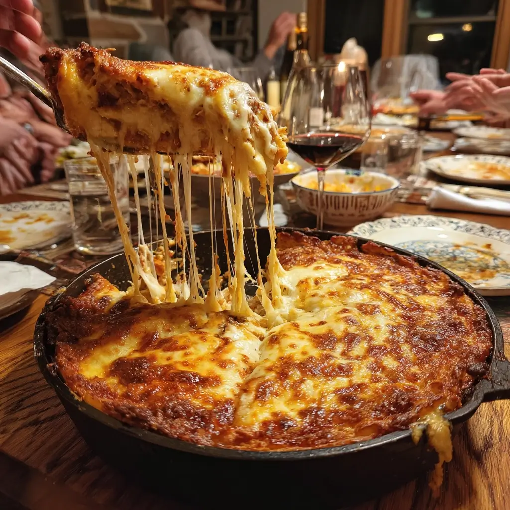 deep dish pizza aufgeschnitten in Gusseisenpfanne mit geschmolzenem Käse