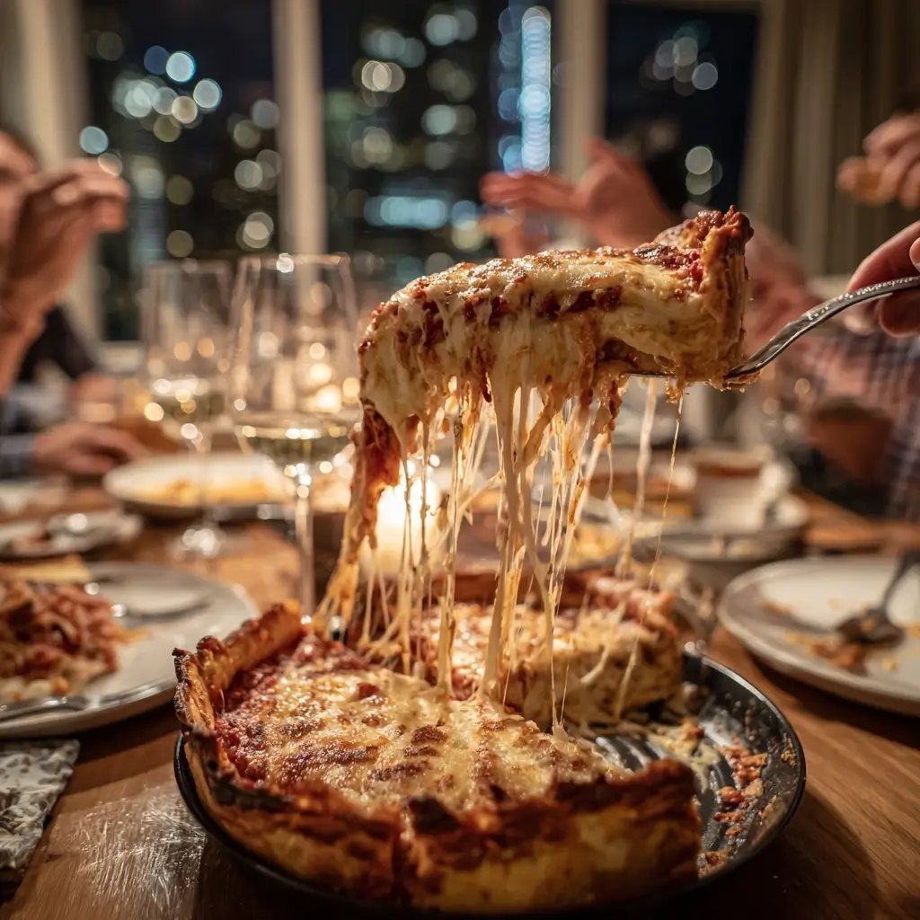 Stück deep dish pizza wird aus der Pfanne gehoben mit Käsefäden