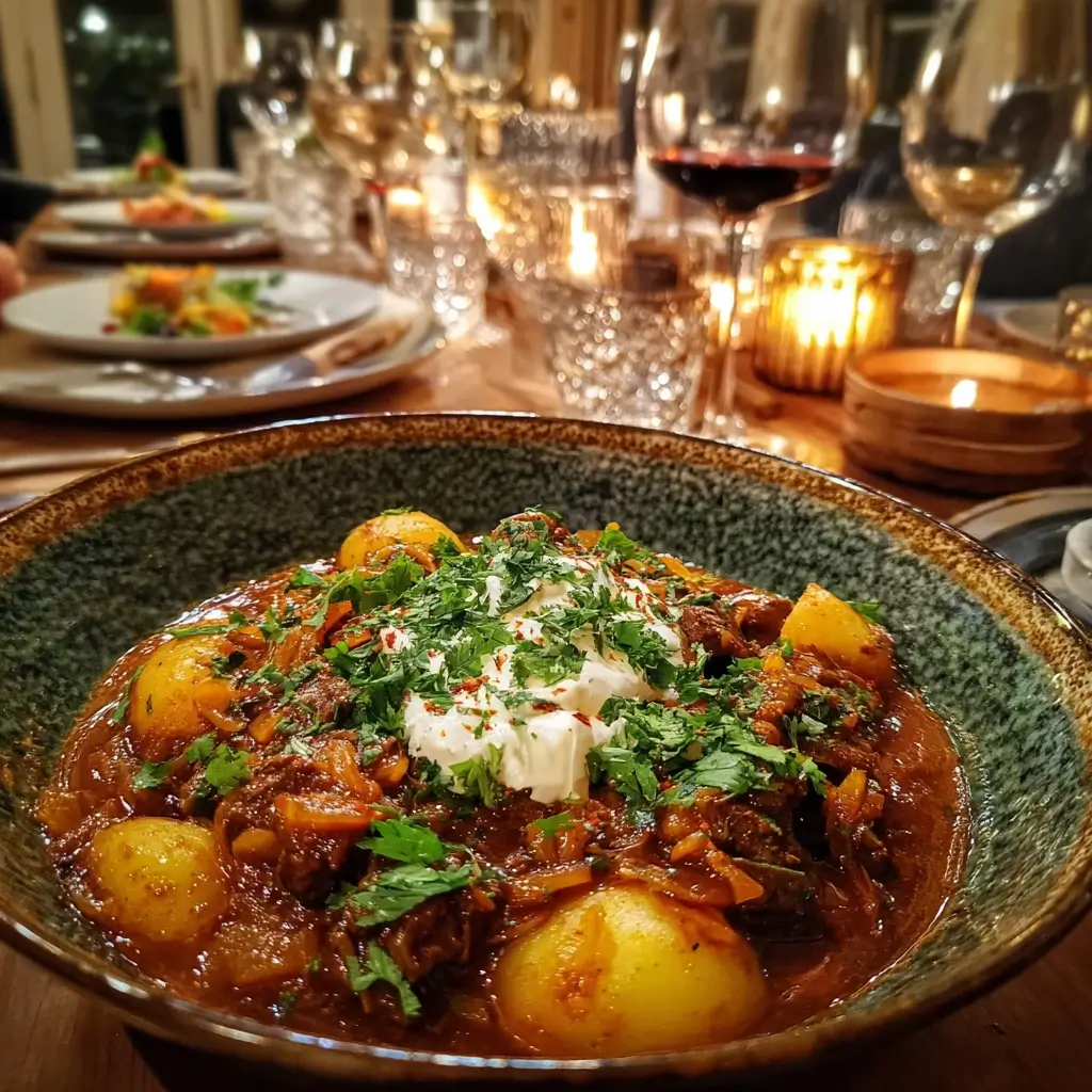 Szegediner Gulasch Rezept als cremiges Gulasch mit Sauerkraut und zartem Schweinefleisch, serviert auf einem Teller als leckeres Hausmannskost-Gericht.