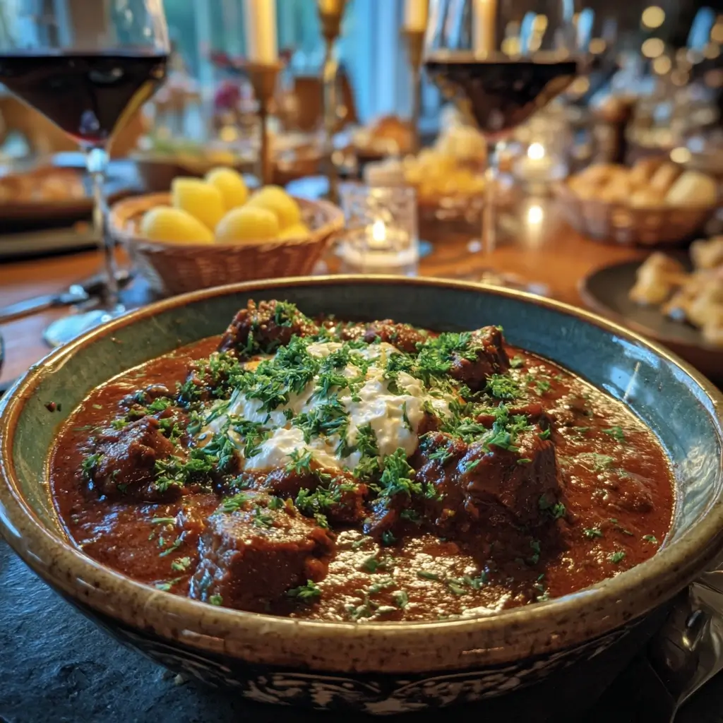 Szegediner Gulasch Rezept in einer rustikalen Schüssel mit frischem Brot, perfekt für ein gemütliches Abendessen.