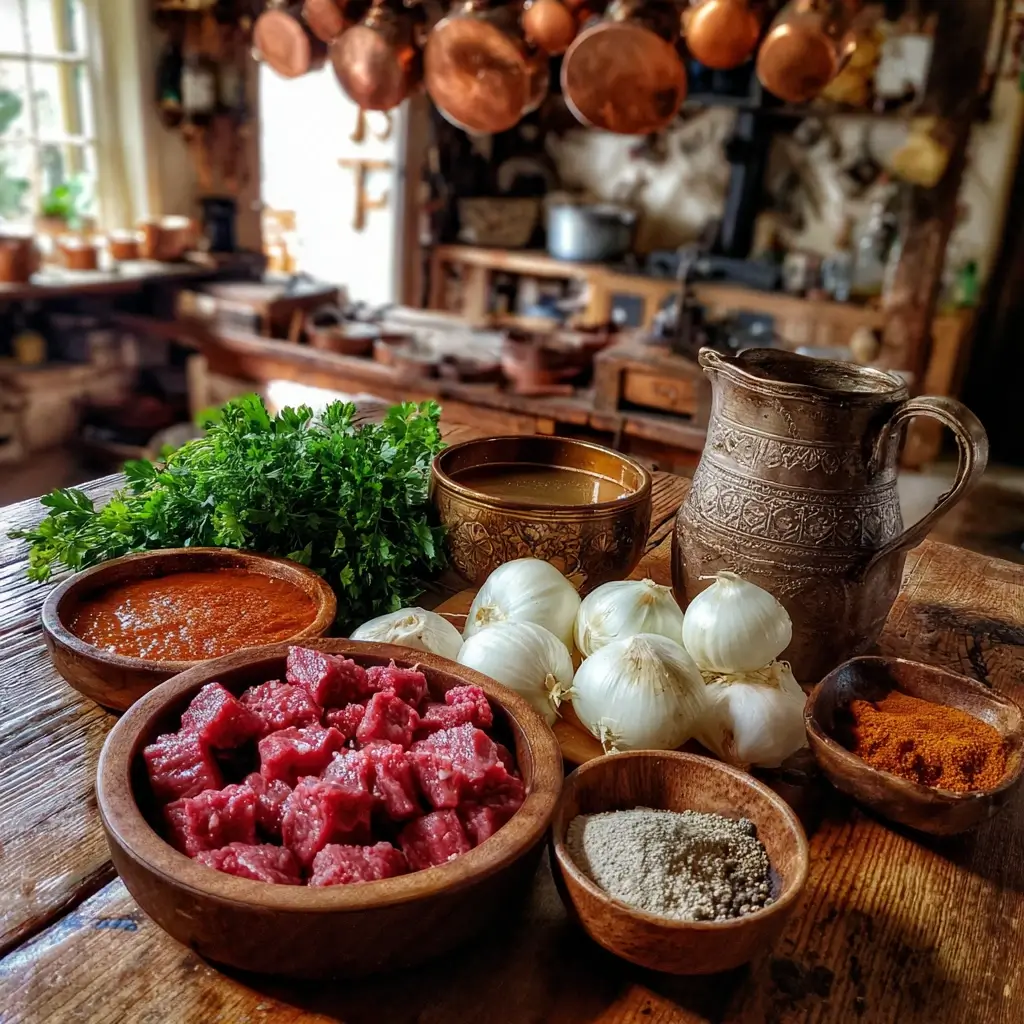 Zutaten für gulasch rezept ungarisch auf Holztisch: Rindfleisch, Paprika, Zwiebeln, Knoblauch, Tomatenmark und Brühe.