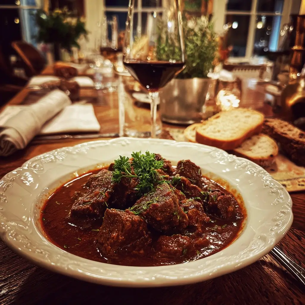 Szegediner Gulasch Rezept Original serviert mit frischem Brot und einem Klecks Sauerrahm auf einem weißen Teller.