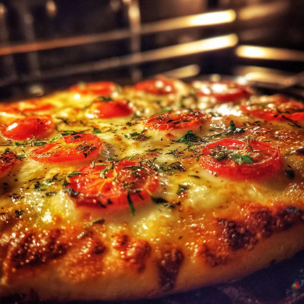 Pizza Caprese im Ofen mit geschmolzenem Mozzarella, goldbraunem Teig und duftendem Aroma.