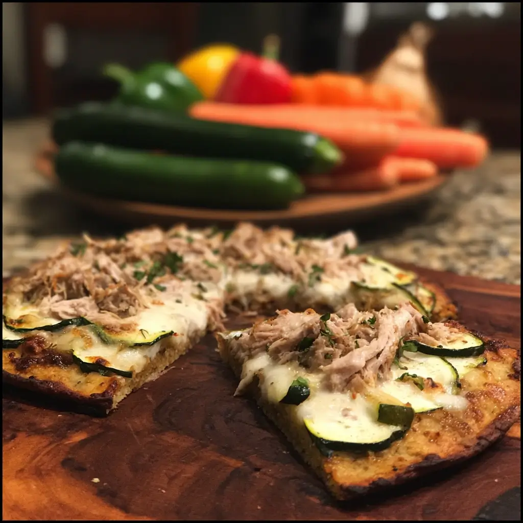 Low Carb protein pizza mit Mandelmehl, Thunfisch und Zucchini auf Holzbrett serviert.