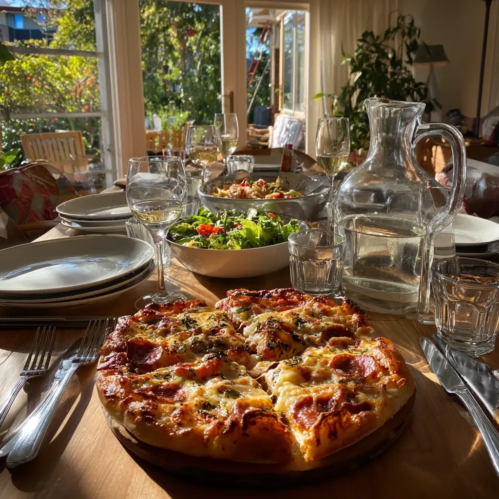 Pizza Max Rezept serviert auf einem sonnigen Esstisch mit frischem Salat, Gläsern und Krug Wasser, gemütliche Atmosphäre ohne Personen im Bild.