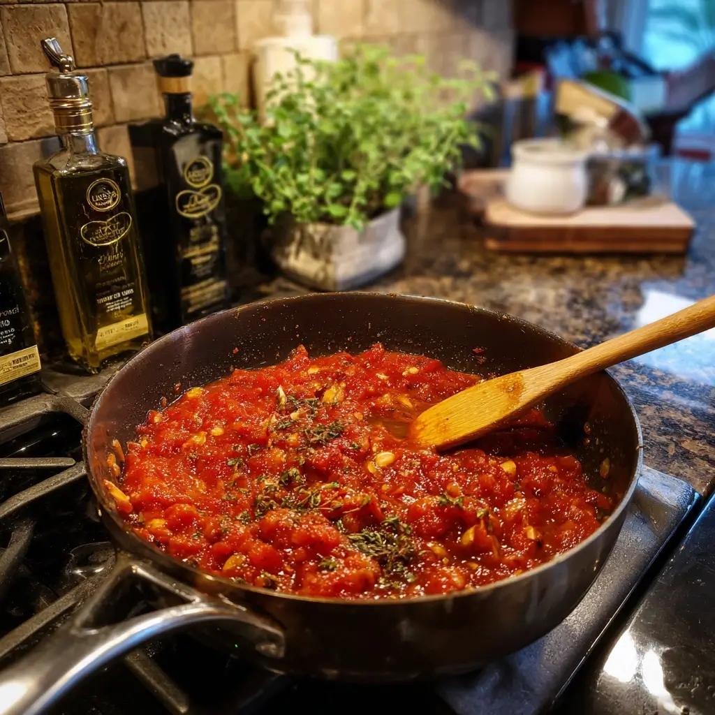 deep dish pizza Tomatensauce köchelt in einem Topf mit Kräutern