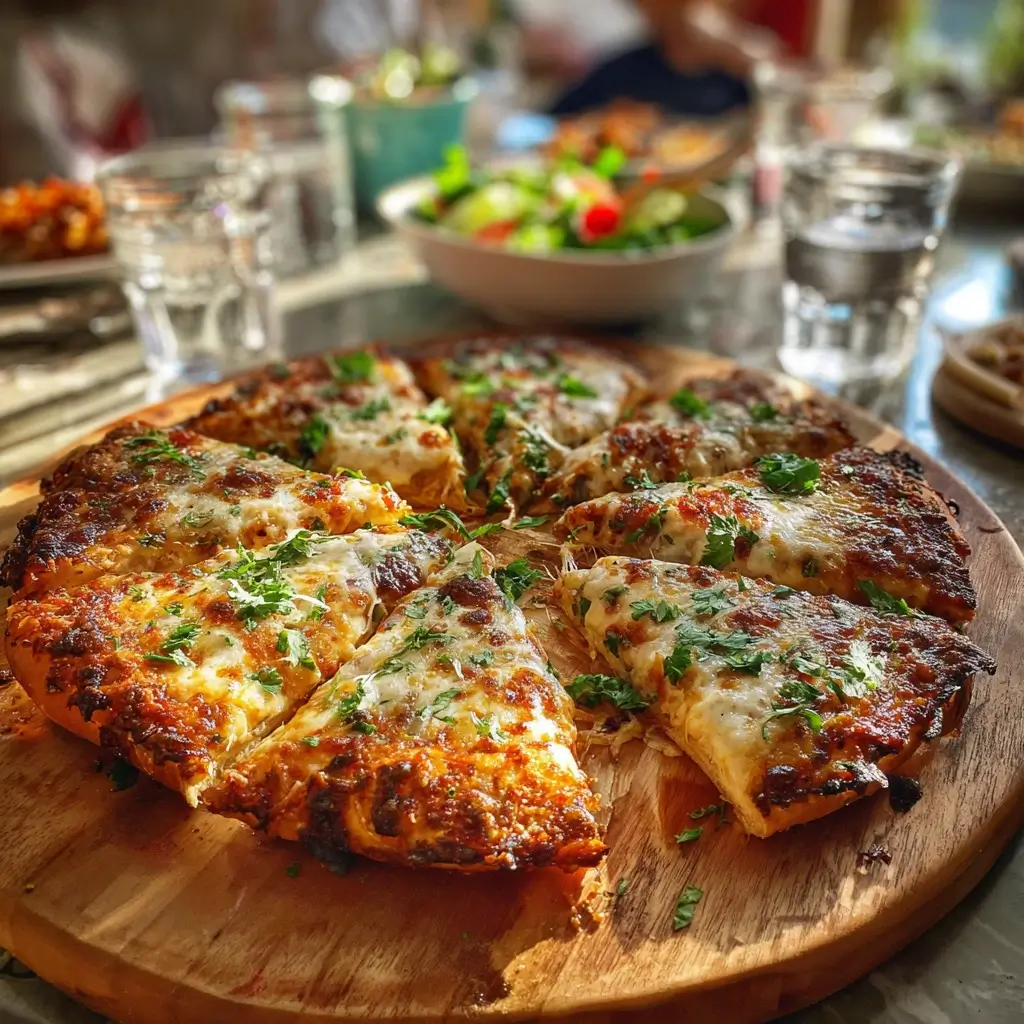 Frisch gebackene pizza zulu in Stücke geschnitten, auf Holzbrett serviert mit Kräutern.