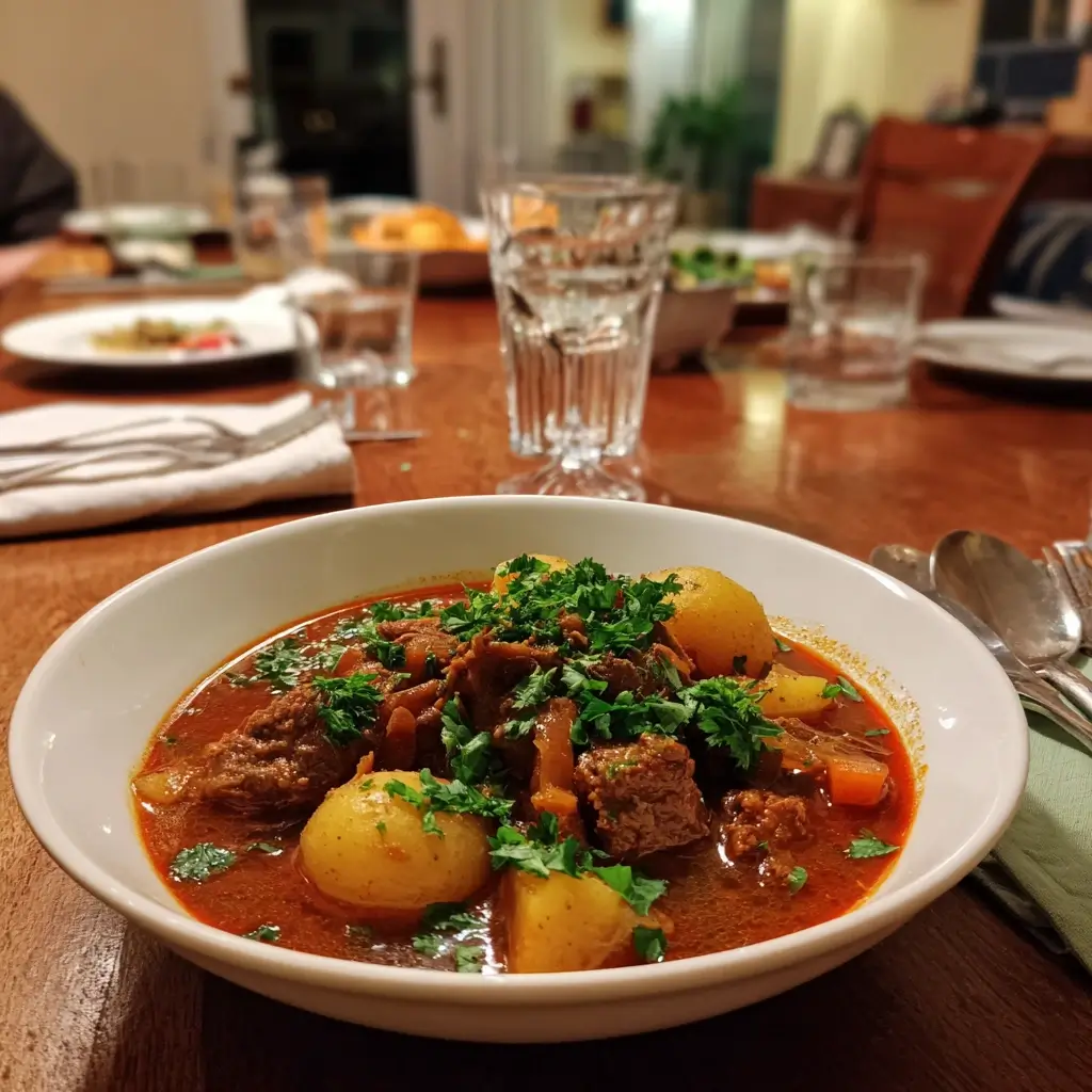 Serviertes Rezept Szegediner Gulasch mit Petersiliengarnitur auf weißem Teller