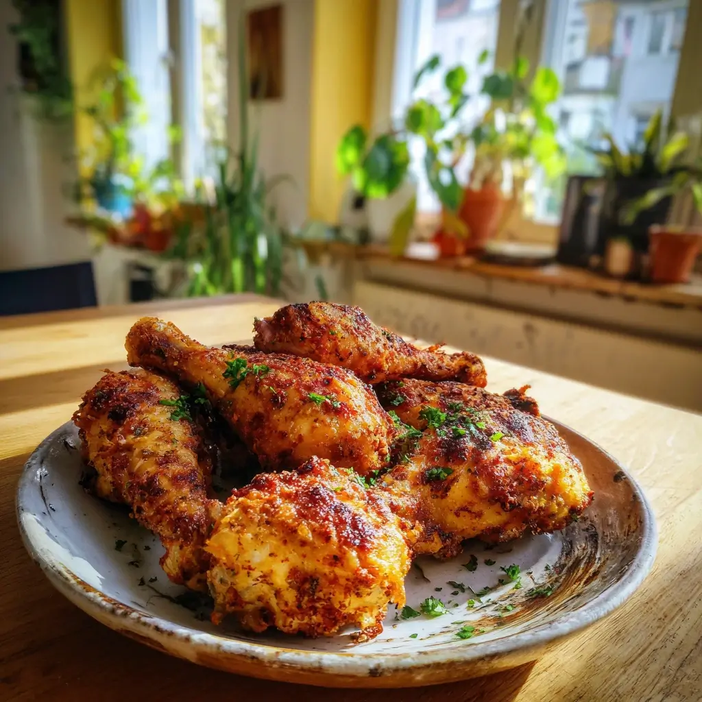 Servierte Airfryer Hähnchenschenkel mit Salat und Beilagen – Teil der airfryer rezepte ninja.