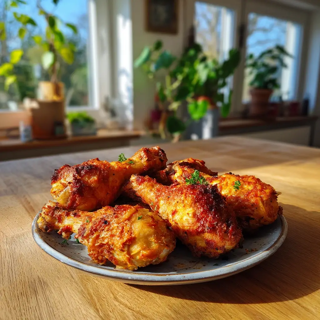 Luftfritteusen-Gericht aus knusprigen Hähnchenschenkeln, zubereitet mit airfryer rezepte ninja auf rustikalem Holzteller.
