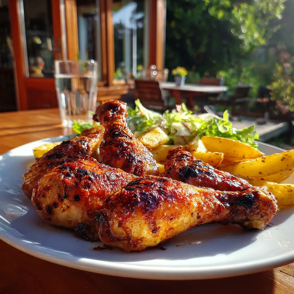 Knusprige Hähnchenschenkel mit Kartoffelspalten und Salat, zubereitet nach airfryer rezepte ninja im Sonnenlicht auf der Terrasse.