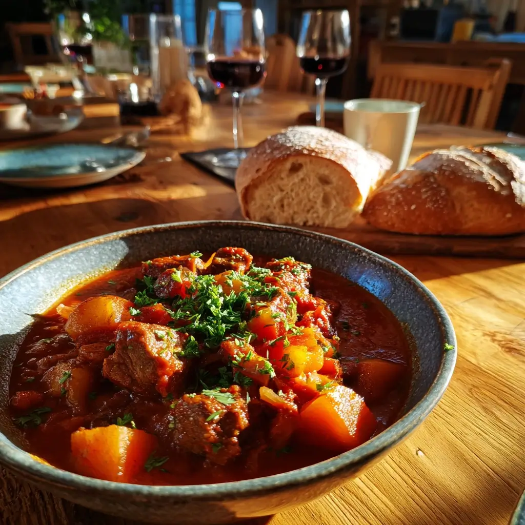 Authentisches gulasch rezept ungarisch serviert in einer rustikalen Schüssel mit frischer Petersilie und warmem Brot im Hintergrund.