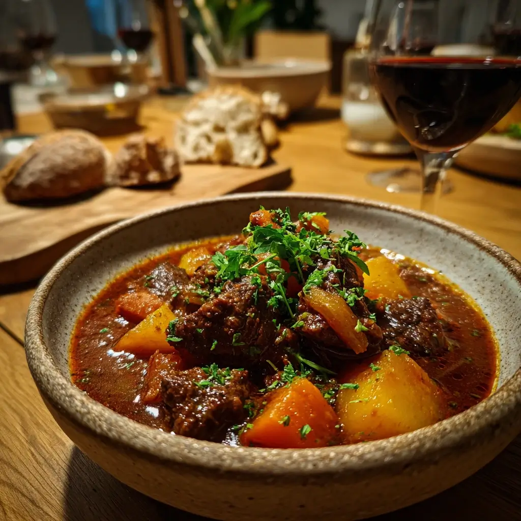 Ein Topf mit gulasch rezept ungarisch beim Schmoren – zartes Rindfleisch in aromatischer Paprikasauce mit aufsteigendem Dampf.