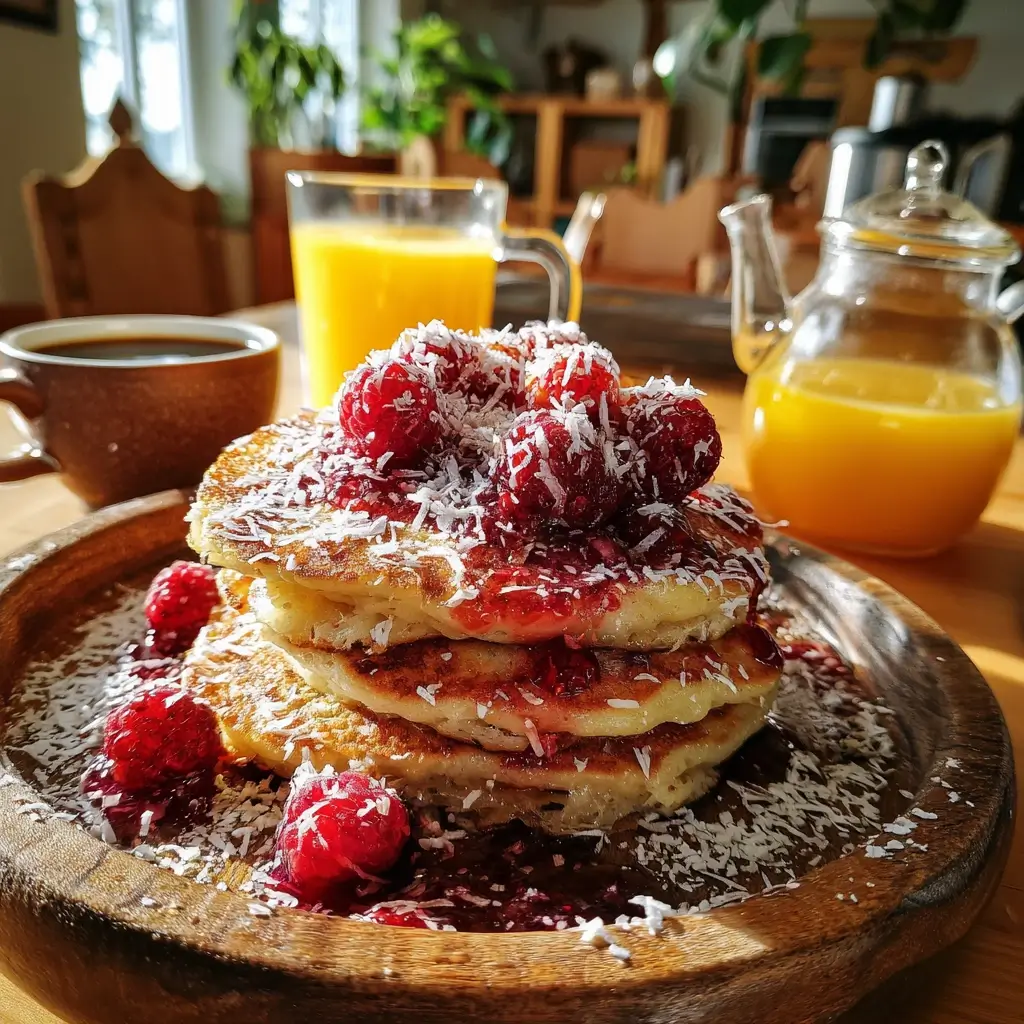 Pfannkuchen Rezept vegan serviert als Brunch-Teller mit Himbeeren, Kokosflocken, Saft und Kaffee.
