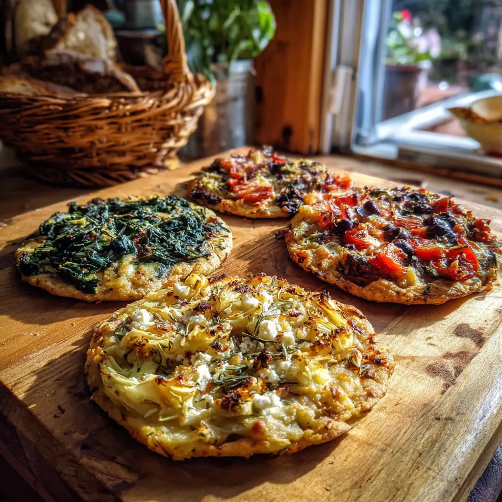 Drei Varianten glutenfreie pizza auf Holzbrett präsentiert