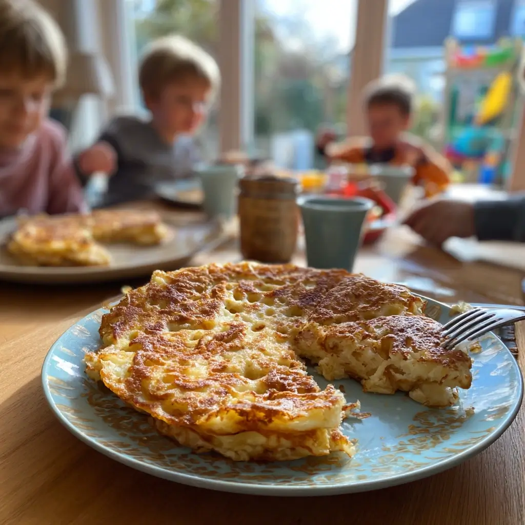 Pfannkuchen Rezept süß – süße Pfannkuchen auf gedecktem Frühstückstisch mit Kaffee