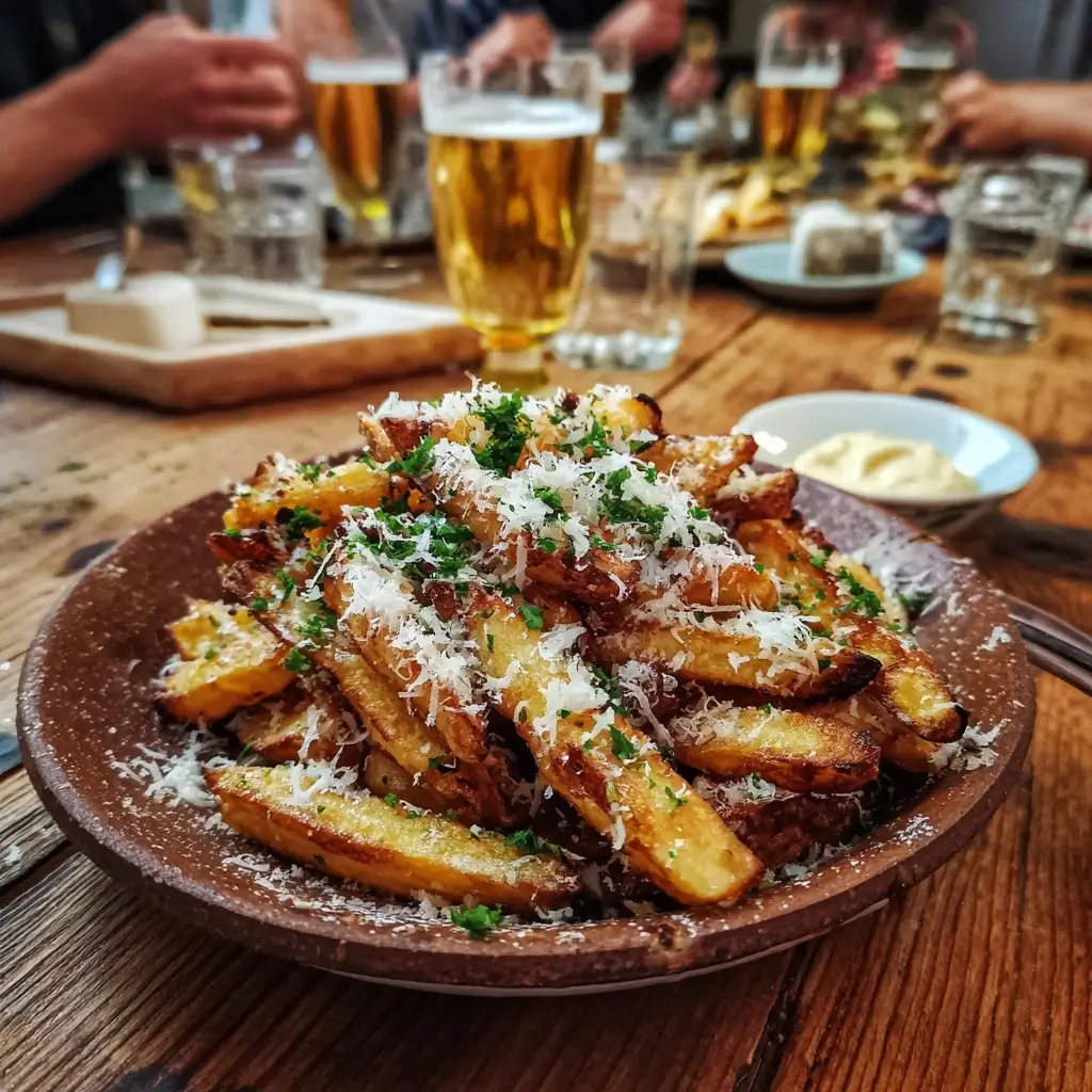 Rezept Airfryer: Pommes mit Parmesan und Petersilie serviert