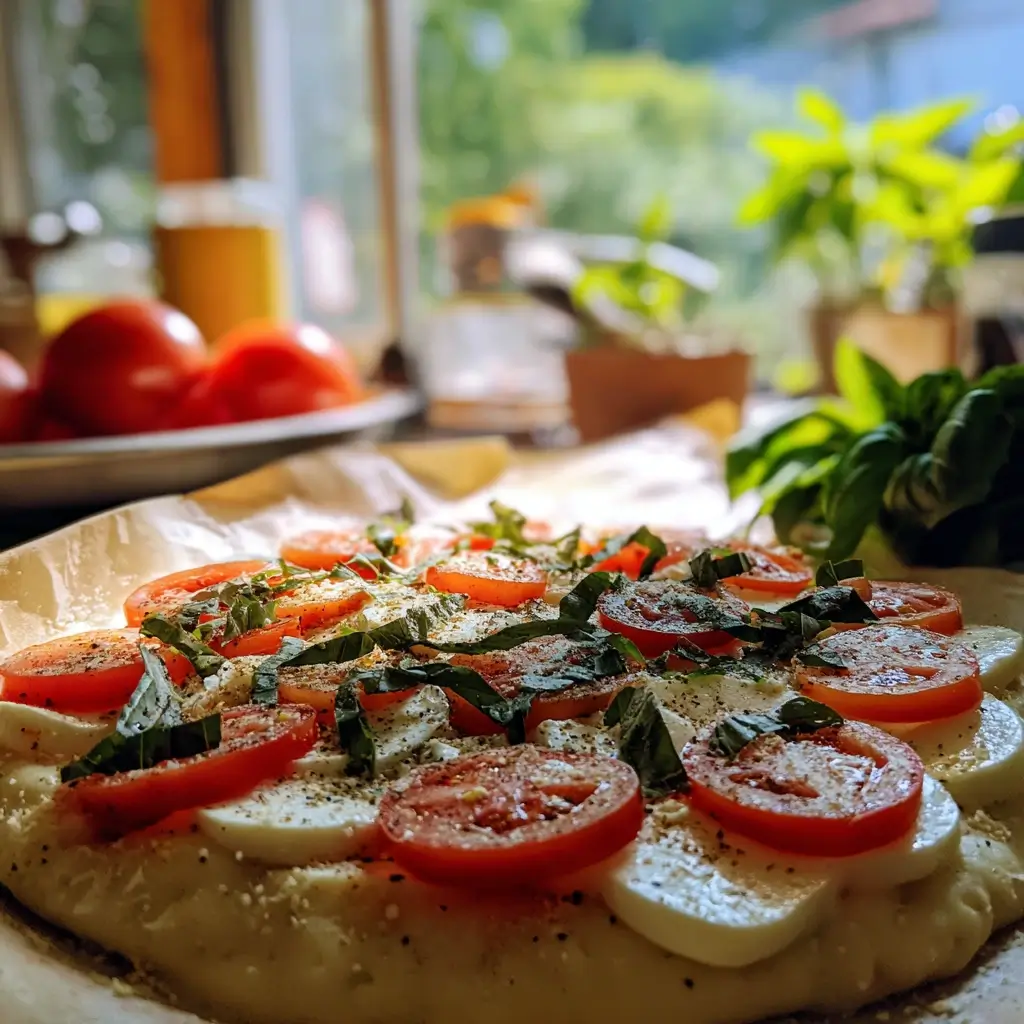 Pizza Caprese wird mit Tomaten und Mozzarella belegt, bereit für den Ofen – frisch, farbenfroh und mediterran.