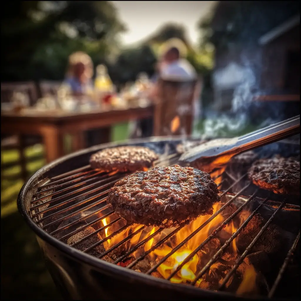 Burger patties auf Grillrost mit Flammen im Garten