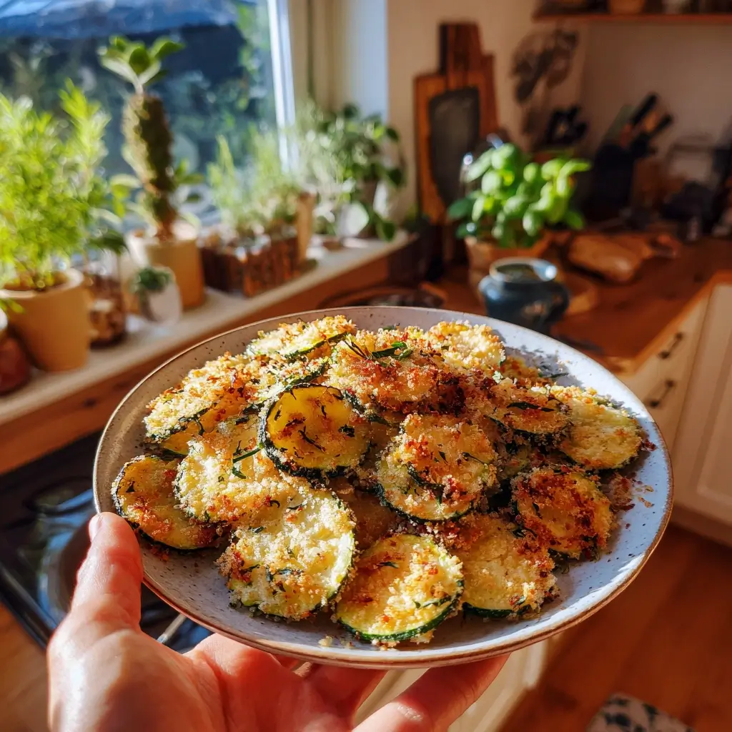Knusprige Zucchini Chips aus dem Airfryer, serviert auf einem rustikalen Teller in einer hellen Küche | Airfryer Rezepte Gemüse