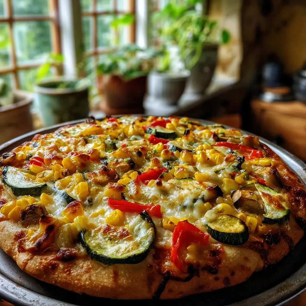 Vegetarische pizza zulu mit Zucchini, Mais, Paprika und geschmolzenem Käse auf knusprigem Boden vor einem sonnigen Küchenfenster.
