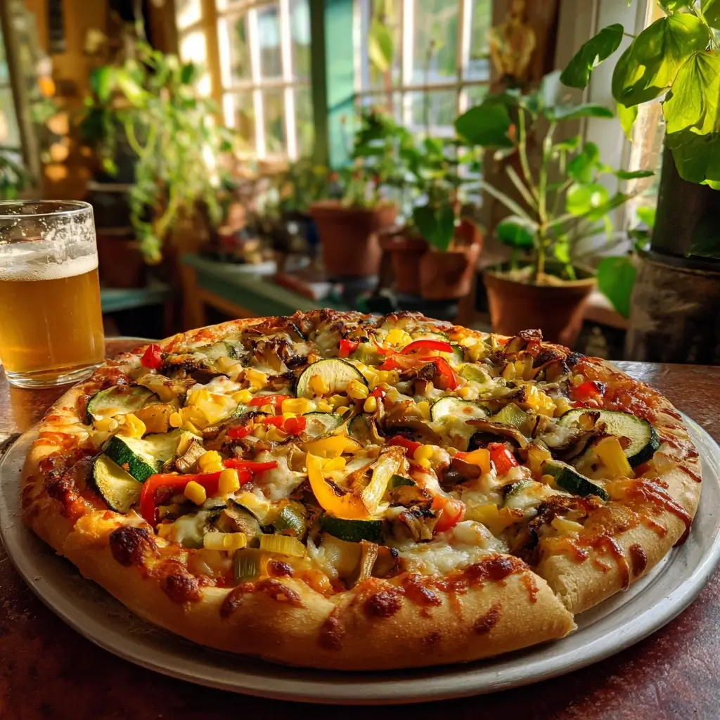 Vegetarische pizza zulu mit Zucchini, Auberginen, Paprika, Mais und geschmolzenem Käse.