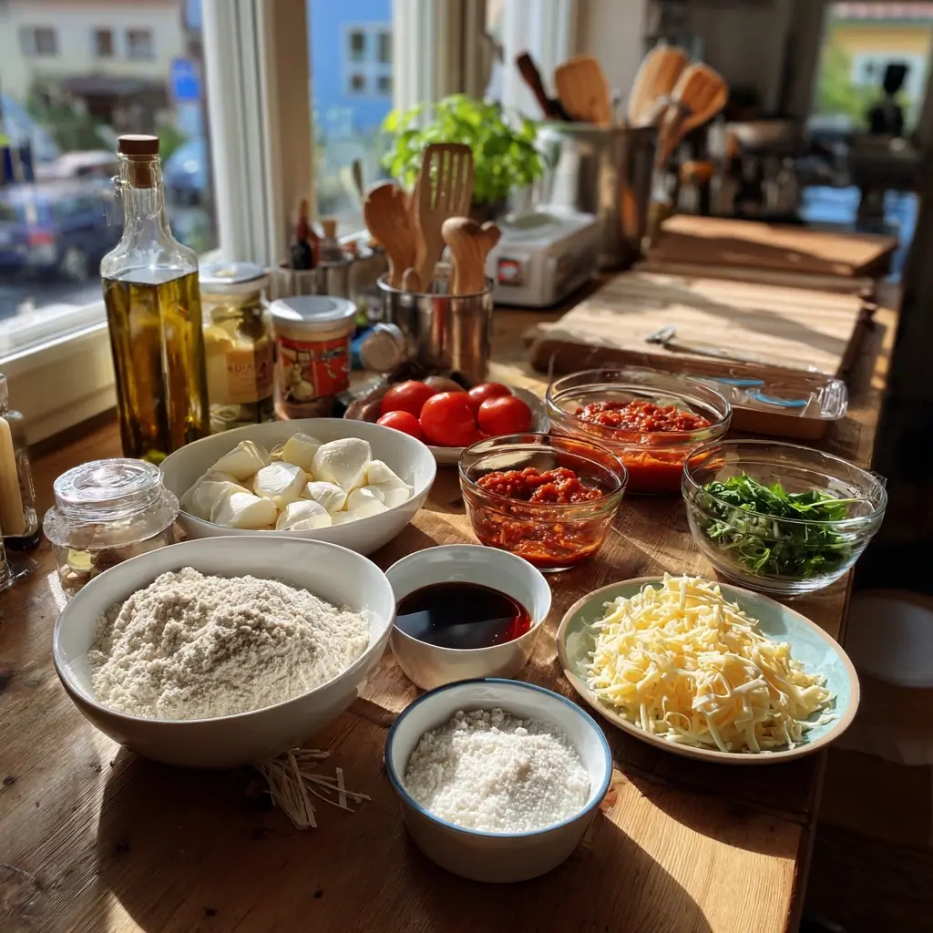 Zutaten für glutenfreie pizza übersichtlich auf Holzbrett angeordnet