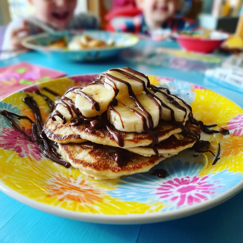 Pfannkuchen Rezept vegan als Mini-Pancakes gestapelt mit Bananenscheiben und Schokoladensauce für Kinder.
