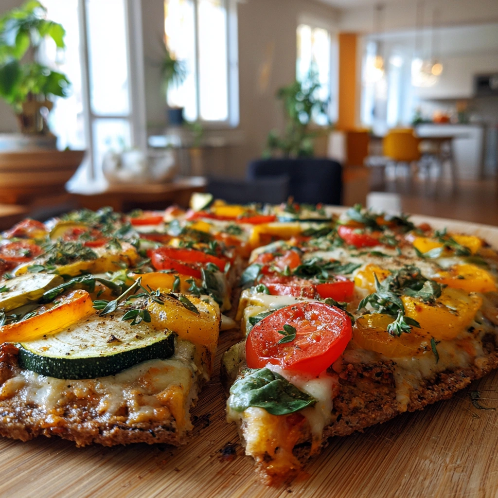 Kalorien pizza mit Vollkornboden, buntem Gemüse, Zucchini, Tomaten und Paprika in einer modernen deutschen Küche.
