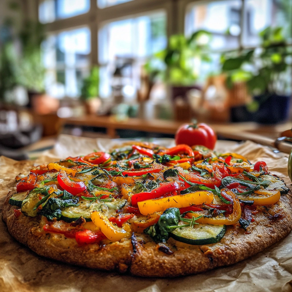 Kalorien pizza mit buntem Gemüse auf dünnem Vollkornboden, serviert in einer hellen deutschen Küche.