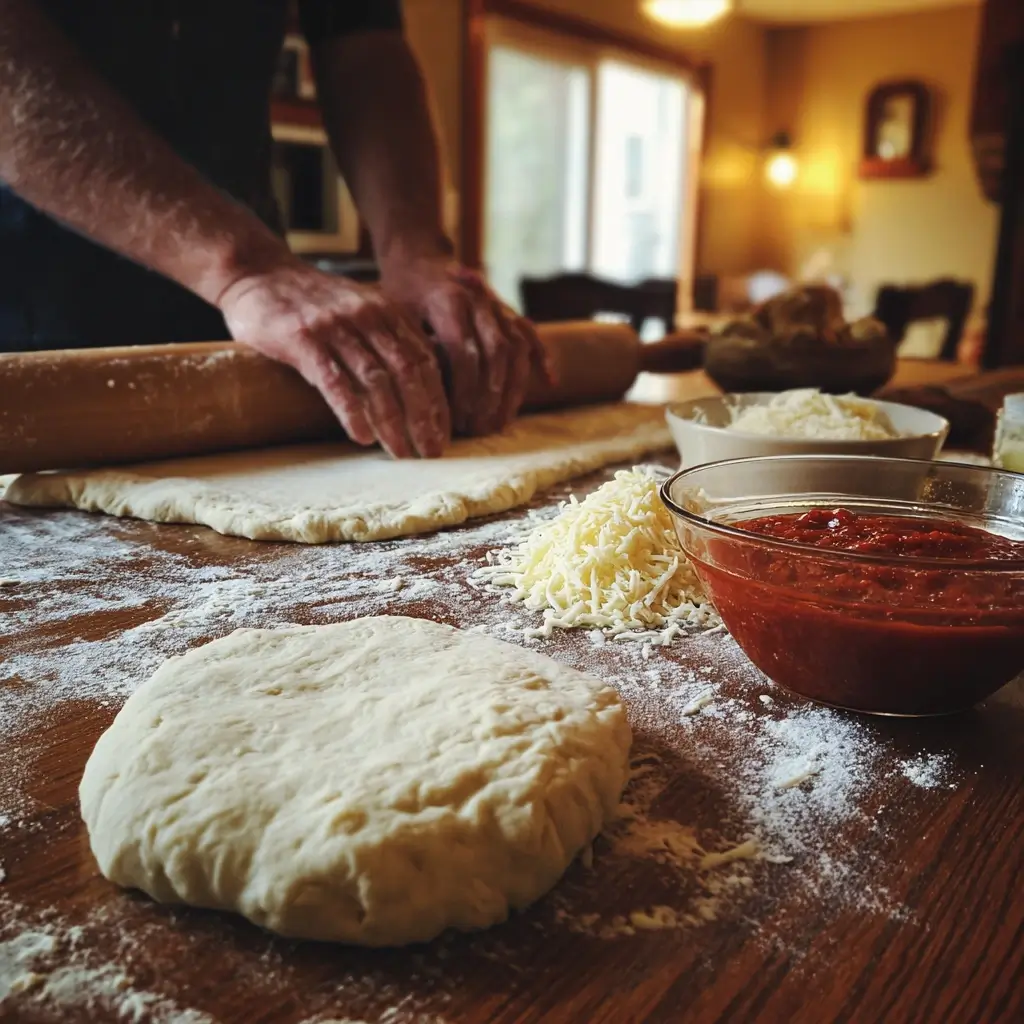 Hände rollen Teig für pizza zulu auf bemehlter Arbeitsfläche aus, bereit zum Belegen.