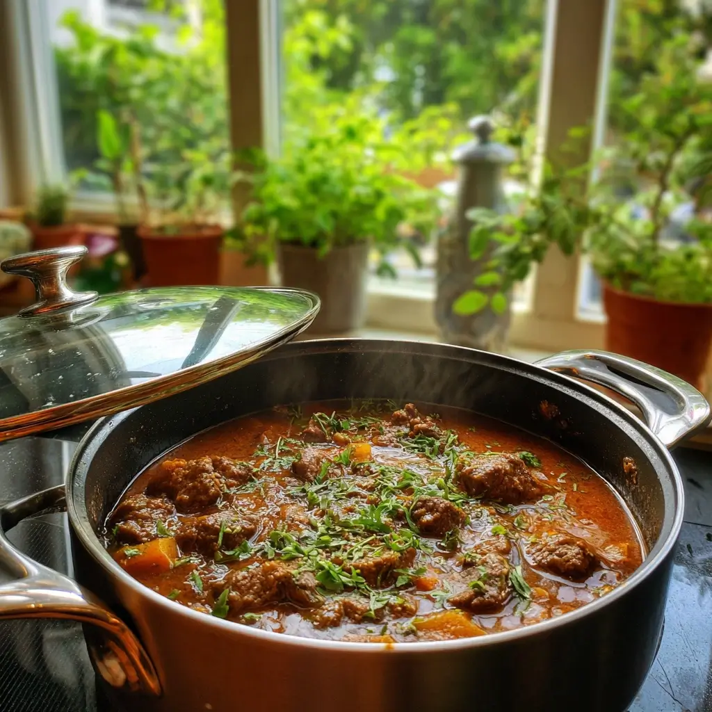 Szegediner Gulasch Rezept im großen Kochtopf, langsam geschmort mit zartem Fleisch, Paprika und Kräutern, aufgenommen vor einem hellen Küchenfenster.
