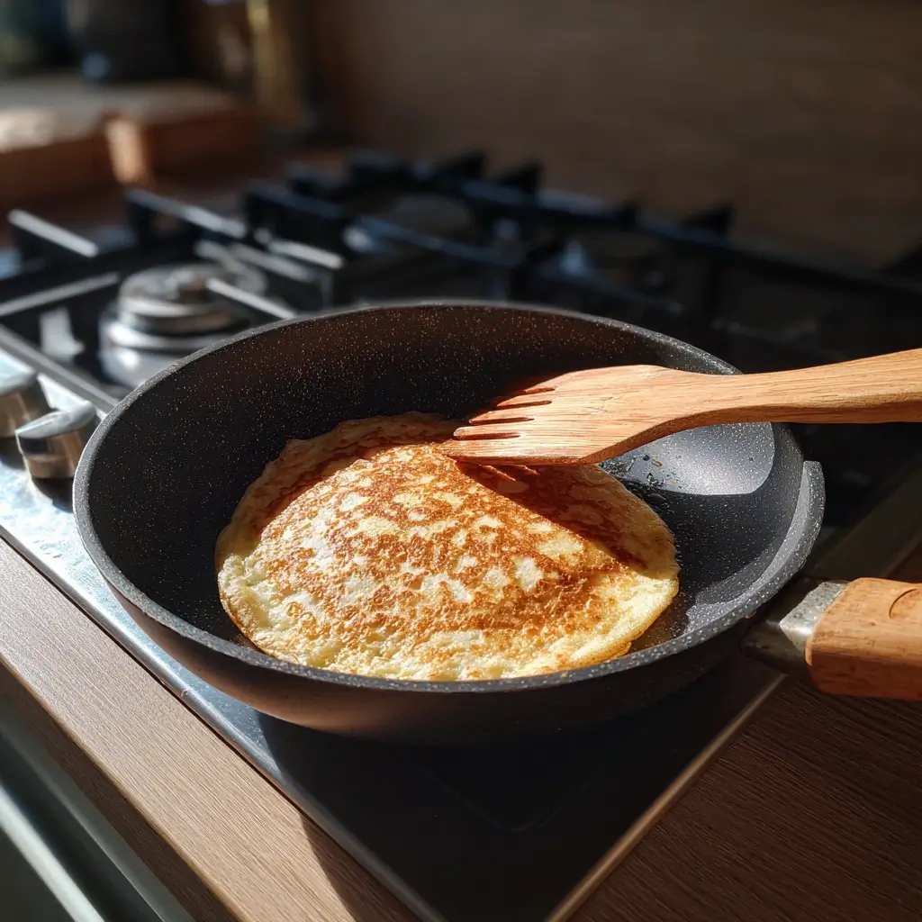 Pfannkuchen Rezept süß – Pfannkuchen wird goldbraun in einer heißen Pfanne gebraten