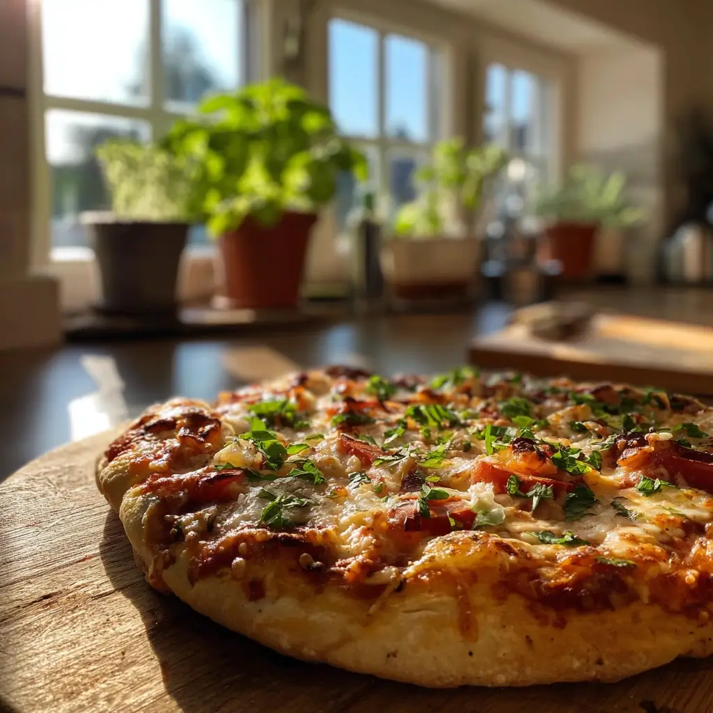 glutenfreie pizza auf einem rustikalen Holzbrett mit frischem Basilikum
