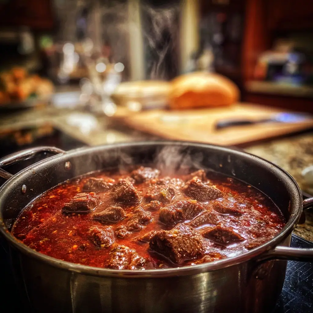 Rindfleischwürfel für gulasch rezept ungarisch werden in heißem Öl angebraten, bis sie goldbraun sind.