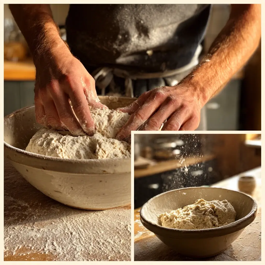 Hände kneten glutenfreie pizza Teig in einer Schüssel