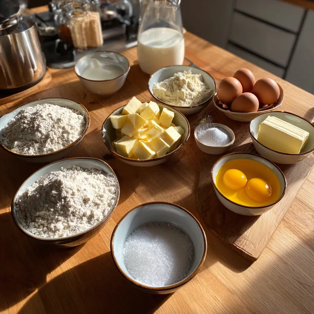 Pfannkuchen Rezept süß – Zutaten wie Mehl, Milch, Eier, Zucker und Vanille auf Holzbrett