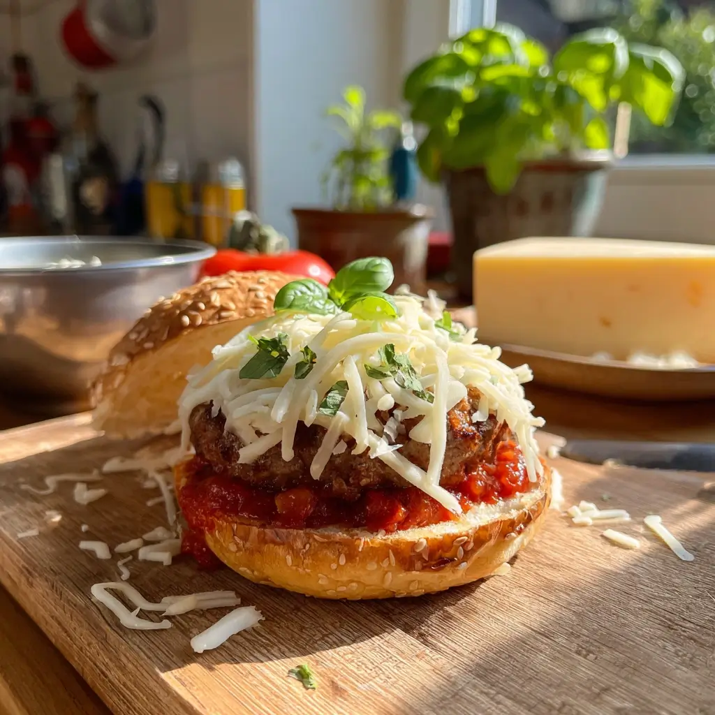Pizza Burger wird geschichtet mit Tomatensoße, Käse, Rinderpatty und frischem Basilikum auf einem Küchenbrett.
