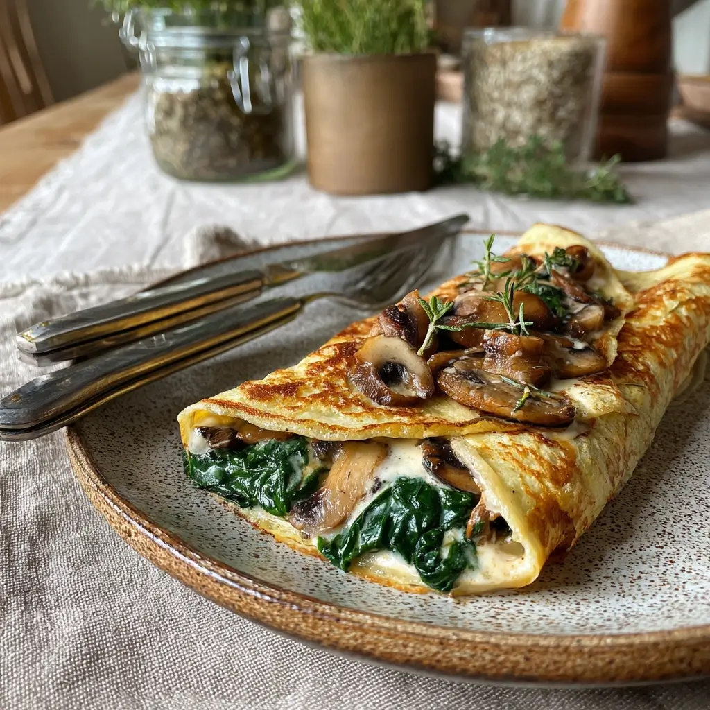 Pfannkuchen Rezept vegan herzhaft gefüllt mit Spinat, Pilzen und veganem Frischkäse auf rustikalem Teller.