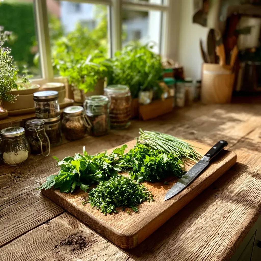 Fein gehackte Kräuter als Vorbereitung für das Grüne Soße Rezept.